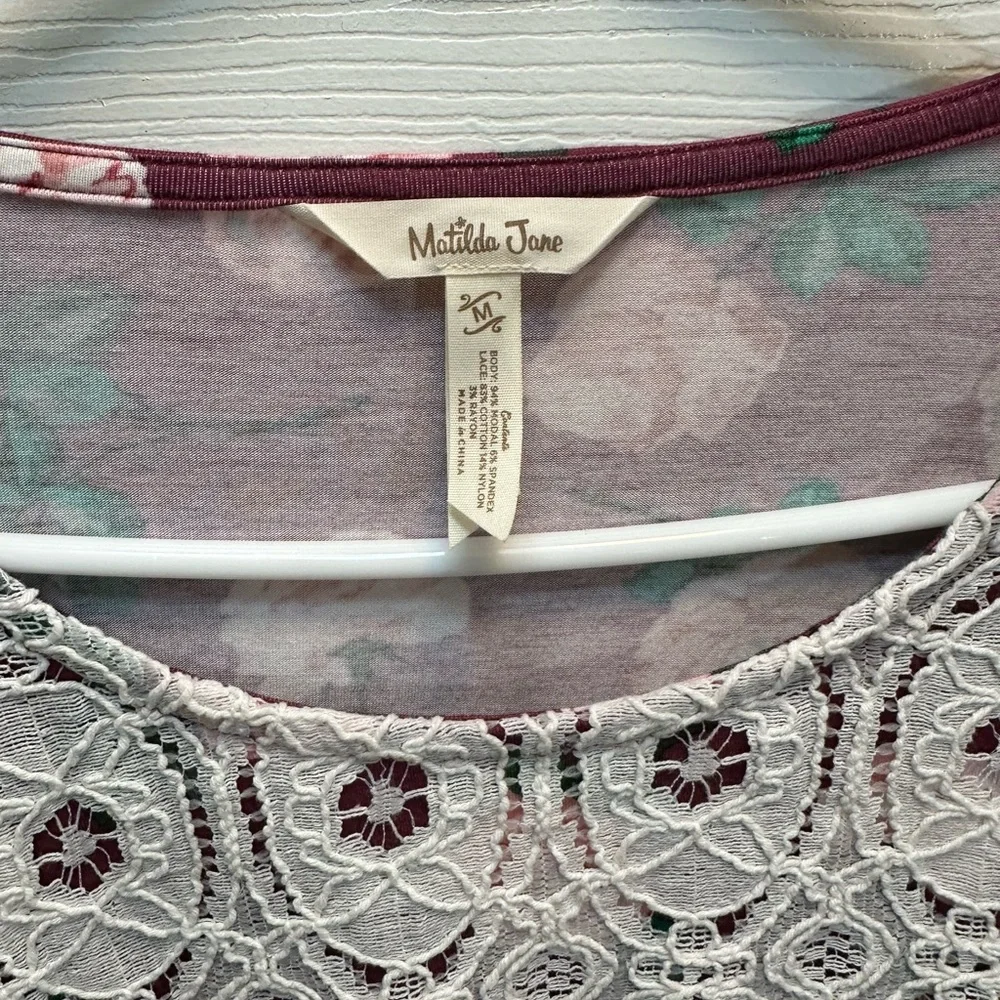 Matilda Jane Burgundy and Pink Floral Lace Yoke Top - Picture 2 of 3